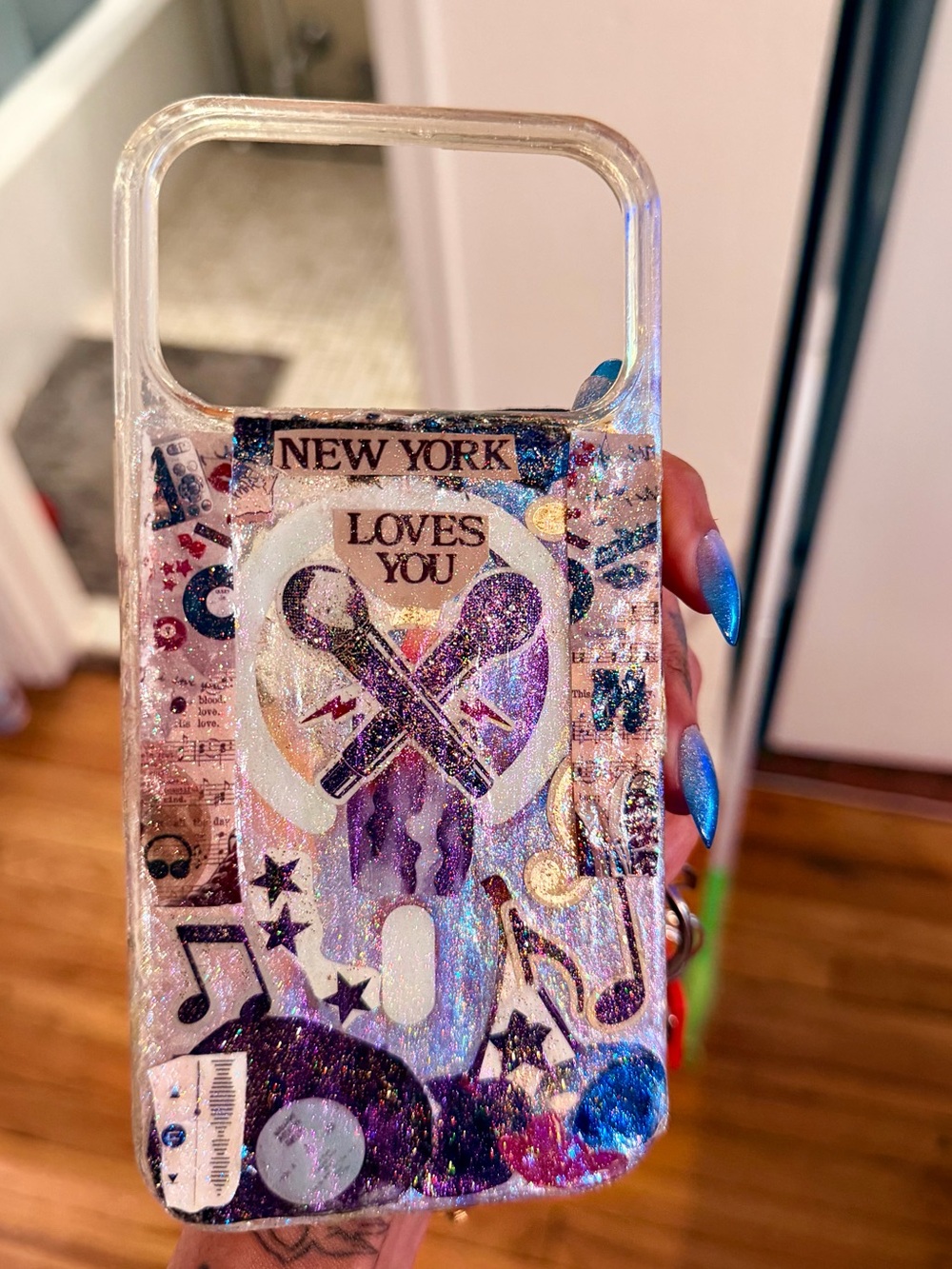 Iridescent Glitter Music & 'New York Loves You' Handmade IPhone 17 pro max case